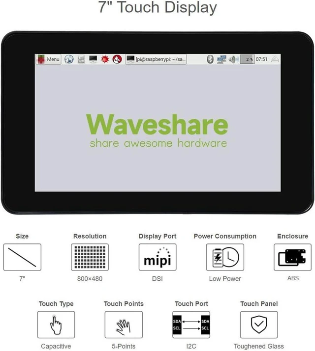 Alt view image 3 of 7 - waveshare 7inch Capacitive Touch Display Compatible with Raspberry Pi 4B Comes with Protection Case 800×480 Resolution DSI Interface