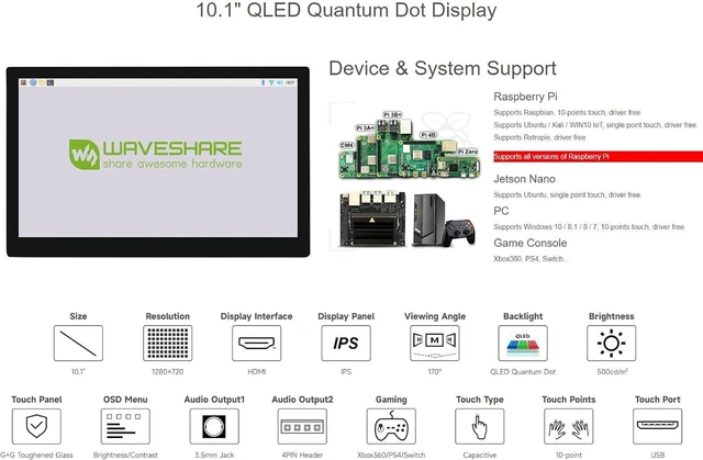 Alt view image 3 of 7 - waveshare 10.1inch QLED Quantum Dot Display Compatible with Raspberry Pi 4B/3B+/3A+/2B/B+/A+/Zero/Zero W/WH/Zero 2W CM3+/4 Capacitive Touch 1280×720 Resolution Supports Jetson Nano/Windows