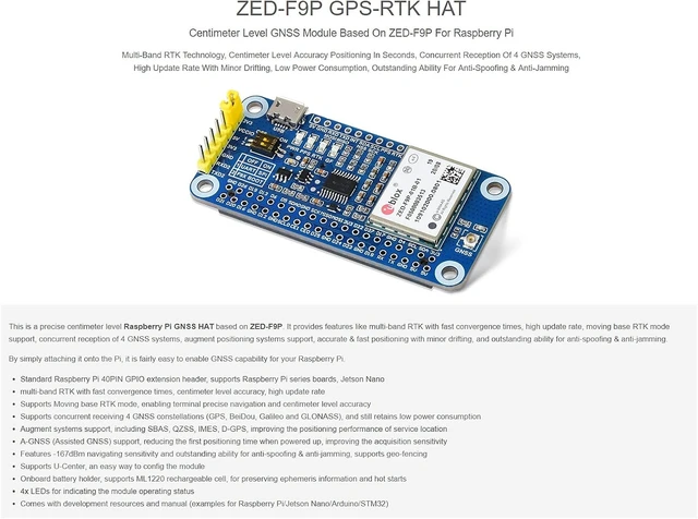 Alt view image 3 of 7 - Waveshare ZED-F9P GPS-RTK HAT for Raspberry Pi Centimeter Level Accuracy Multi-Band RTK Differential GPS Module