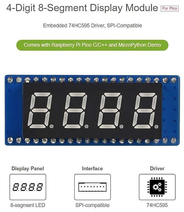 Alt view image 3 of 7 - waveshare 4-Digit 8-Segment Display Module for Raspberry Pi Pico Embedded 74HC595 Driver SPI-Compatible Comes with Raspberry Pi Pico C/C++ and MicroPython Demo
