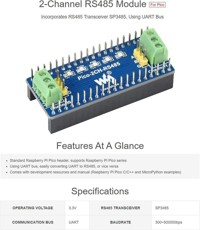 Alt view image 3 of 7 - Waveshare 2-Channel RS485 Module for Raspberry Pi Pico Incorporates RS485 Transceiver SP3485 Using UART Bus