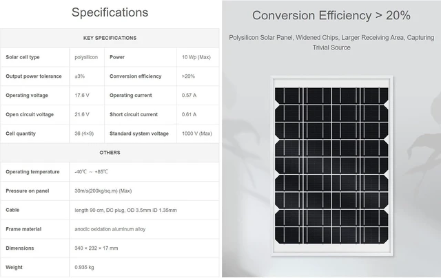Alt view image 3 of 6 - Waveshare Polysilicon Solar Panel (18V 10W) 10Wp Power Photovoltaic Panel High Conversion Efficiency