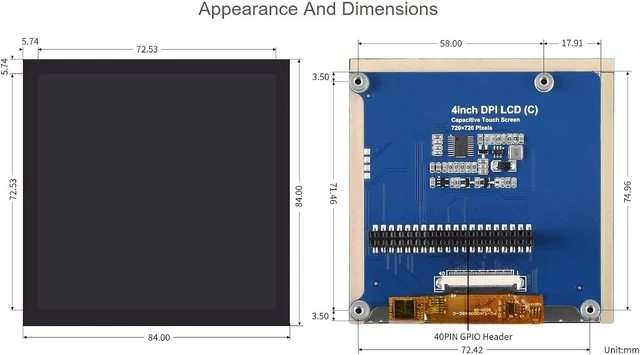 Alt view image 6 of 6 - waveshare 4inch Square Capacitive Touch Screen LCD Compatible with Raspberry Pi 4B/3B+/3B/2B/B+/A+/Zero/Zero W/WH/Zero 2W 720×720 Resolution DPI IPS Toughened Glass Cover Low Power Solution