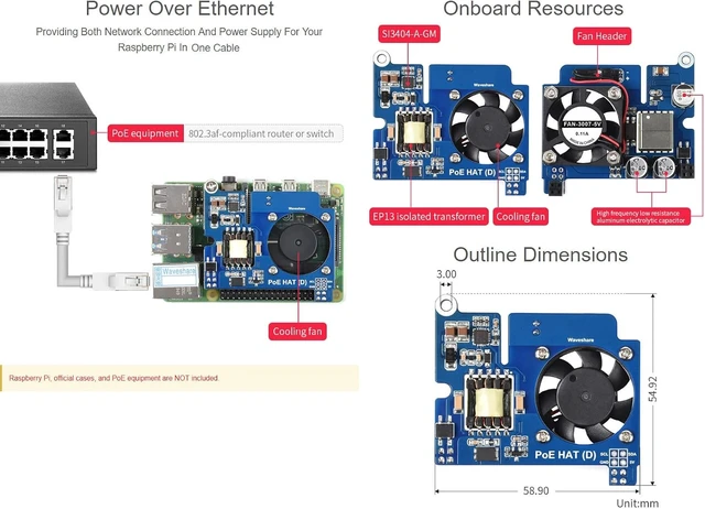 Alt view image 5 of 7 - Waveshare Power Over Ethernet HAT (Type D) for Raspberry Pi 3B+/4B 802.3af-Compliant Tailored for Raspberry Pi Official Case