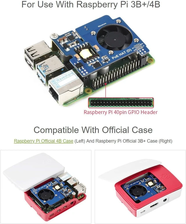 Alt view image 4 of 7 - Waveshare Power Over Ethernet HAT (Type D) for Raspberry Pi 3B+/4B 802.3af-Compliant Tailored for Raspberry Pi Official Case