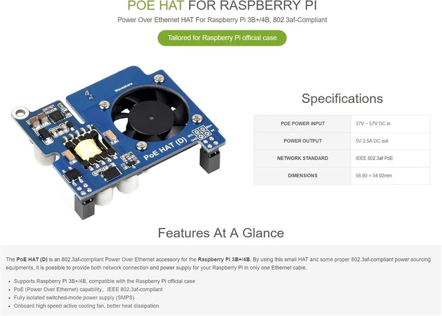 Alt view image 3 of 7 - Waveshare Power Over Ethernet HAT (Type D) for Raspberry Pi 3B+/4B 802.3af-Compliant Tailored for Raspberry Pi Official Case