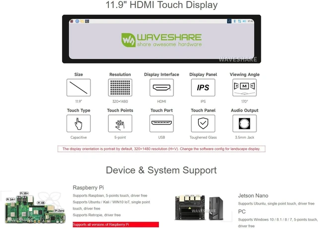 Alt view image 3 of 7 - Waveshare 11.9inch Capacitive Touch Screen LCD Compatible with Raspberry Pi 5/4B/3B+/3A+/2B/B+/A+/Zero/Zero W/WH/Zero 2W CM3+/4 320×1480 Resolution HDMI IPS Supports Jetson Nano/Windows