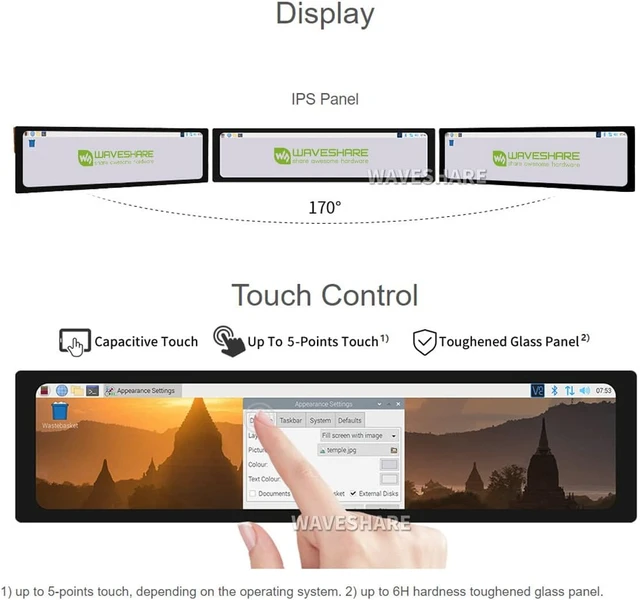Alt view image 5 of 7 - Waveshare 11.9inch Capacitive Touch Screen LCD Compatible with Raspberry Pi 5/4B/3B+/3A+/2B/B+/A+/Zero/Zero W/WH/Zero 2W CM3+/4 320×1480 Resolution HDMI IPS Supports Jetson Nano/Windows