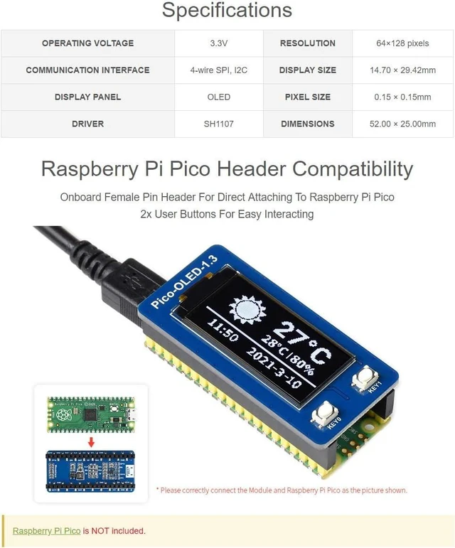 Alt view image 3 of 4 - Waveshare 1.3inch OLED Display Module for Raspberry Pi Pico 64×128 Pixels with SPI/I2C Interface Embedded SH1107 Driver Comes with Raspberry Pi Pico C/C++ and MicroPython Demo