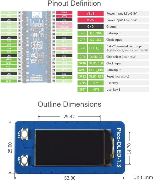 Alt view image 4 of 4 - Waveshare 1.3inch OLED Display Module for Raspberry Pi Pico 64×128 Pixels with SPI/I2C Interface Embedded SH1107 Driver Comes with Raspberry Pi Pico C/C++ and MicroPython Demo