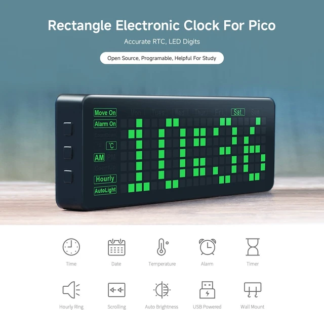 Alt view image 3 of 6 - waveshare Rectangle Electronic Clock for Raspberry Pi Pico with Accurate RTC and Multi Functions LED Digits Open Source Programable