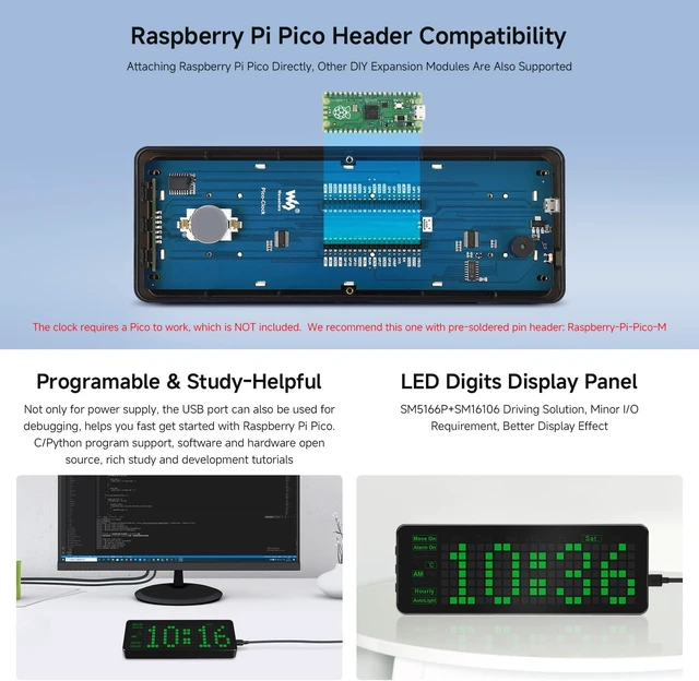 Alt view image 5 of 6 - waveshare Rectangle Electronic Clock for Raspberry Pi Pico with Accurate RTC and Multi Functions LED Digits Open Source Programable