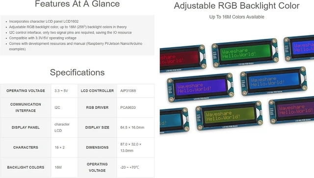 Alt view image 4 of 6 - Waveshare LCD1602 RGB Module Adjustable RGB Backlight Color 3.3V/5V Compatible 3.3V/5V Compatible I2C Communication