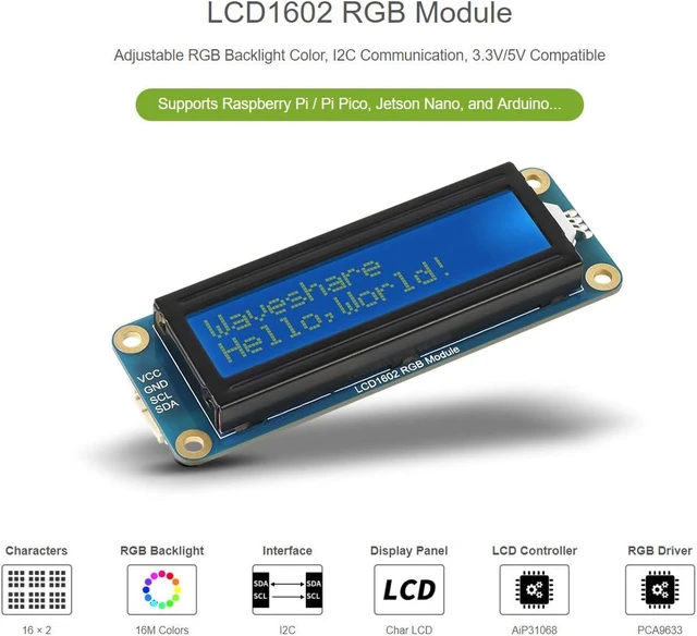 Alt view image 3 of 6 - Waveshare LCD1602 RGB Module Adjustable RGB Backlight Color 3.3V/5V Compatible 3.3V/5V Compatible I2C Communication