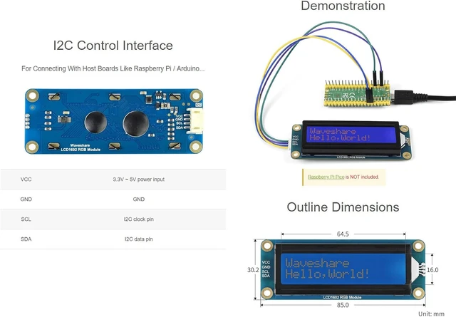 Alt view image 5 of 6 - Waveshare LCD1602 RGB Module Adjustable RGB Backlight Color 3.3V/5V Compatible 3.3V/5V Compatible I2C Communication