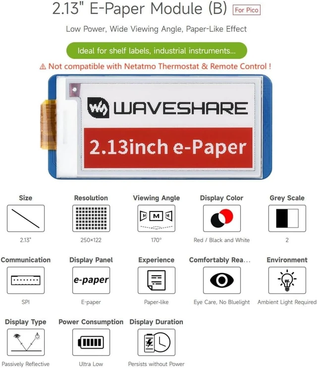 Alt view image 3 of 6 - Waveshare 2.13inch E-Paper E-Ink Display Module (B) for Raspberry Pi Pico 212×104 Pixels Red/Black and White with SPI Interface