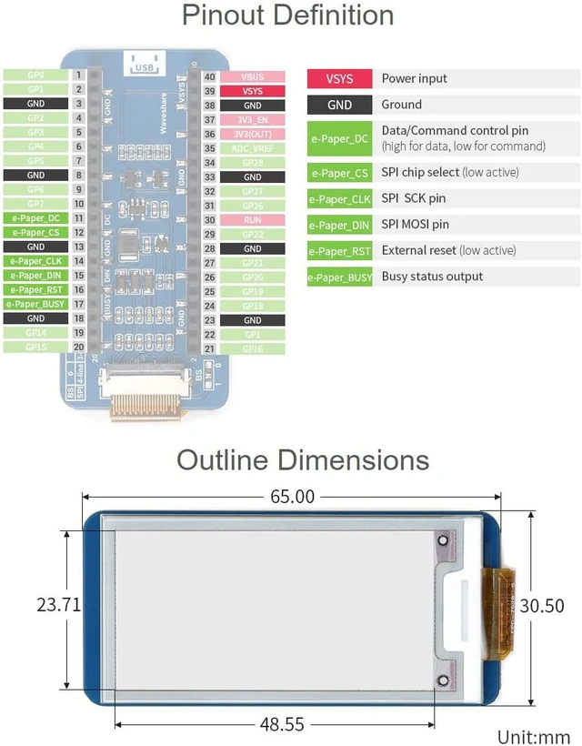 Alt view image 6 of 6 - Waveshare 2.13inch E-Paper E-Ink Display Module (B) for Raspberry Pi Pico 212×104 Pixels Red/Black and White with SPI Interface