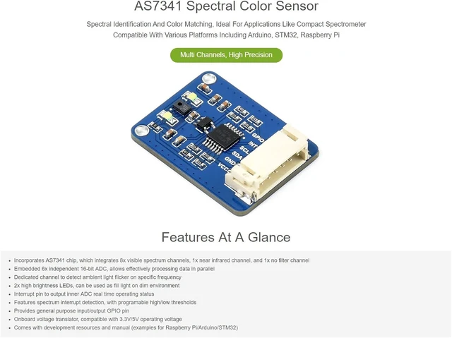 Alt view image 4 of 6 - Waveshare AS7341 Spectral Color Sensor Visible Spectrum Sensor High Precision I2C Bus Compatible with Raspberry Pi 5/4B/3B/Zero/Zero W/Zero 2W/Pico/Pico W/Pico WH