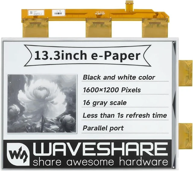 Main image of waveshare 13.3inch E-Paper E-Ink Raw Display Compatible with Raspberry Pi 4B/3B+/3B/2B/B+/A+/Zero/Zero W/WH/Zero 2W Series Boards 1600×1200 Pixels 16 Grey Scales Supports Partial Refresh