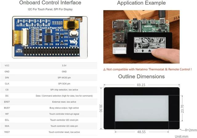 Alt view image 4 of 4 - Waveshare 2.13inch Touch E-Paper E-Ink Display HAT Compatible with Raspberry Pi 5/4B/3B/Zero/Zero W/Zero 2W/Pico/Pico W/Pico WH, 250×122 Pixels Black/White SPI Interface, Supports Partial Refresh