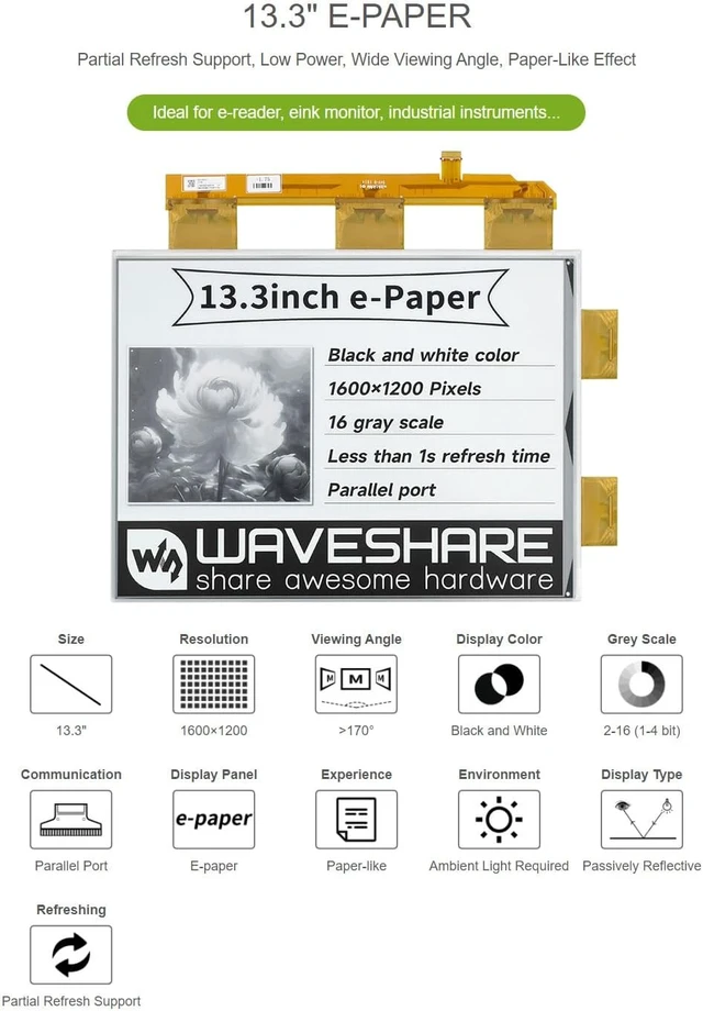 Alt view image 2 of 4 - waveshare 13.3inch E-Paper E-Ink Raw Display Compatible with Raspberry Pi 4B/3B+/3B/2B/B+/A+/Zero/Zero W/WH/Zero 2W Series Boards 1600×1200 Pixels 16 Grey Scales Supports Partial Refresh