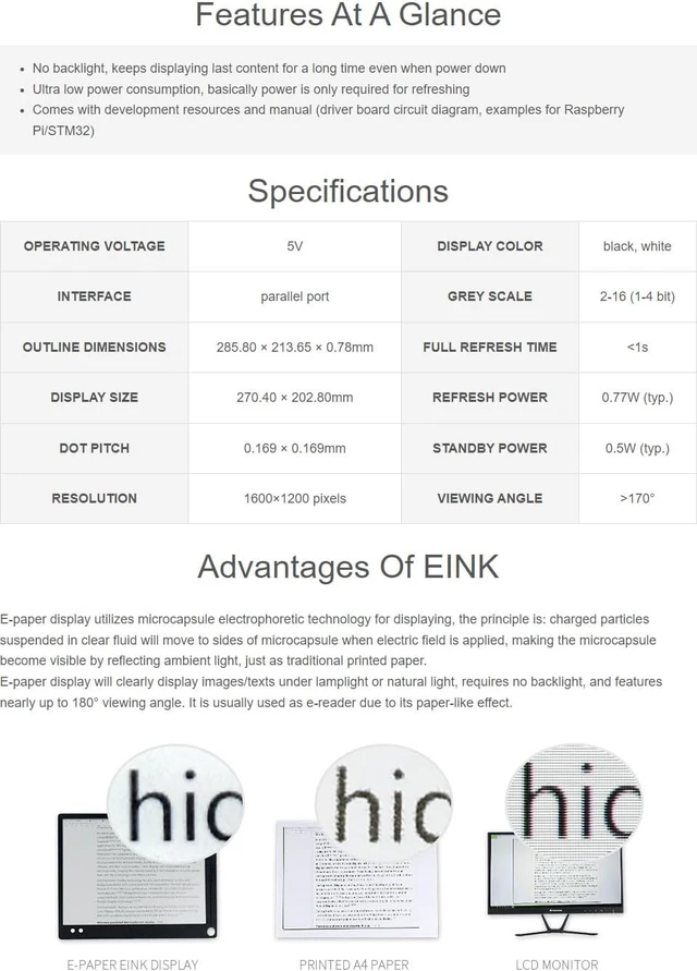 Alt view image 3 of 4 - waveshare 13.3inch E-Paper E-Ink Raw Display Compatible with Raspberry Pi 4B/3B+/3B/2B/B+/A+/Zero/Zero W/WH/Zero 2W Series Boards 1600×1200 Pixels 16 Grey Scales Supports Partial Refresh