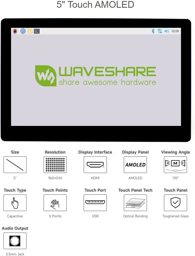 Alt view image 4 of 7 - waveshare 5inch Capacitive Touch AMOLED Display Compatible with Raspberry Pi 5/4B/3B+/3A+/2B/B+/A+/Zero/Zero W/WH/Zero 2W CM3+/4 960×544 Resolution HDMI Optical Bonding Supports Jetson Nano/Windows