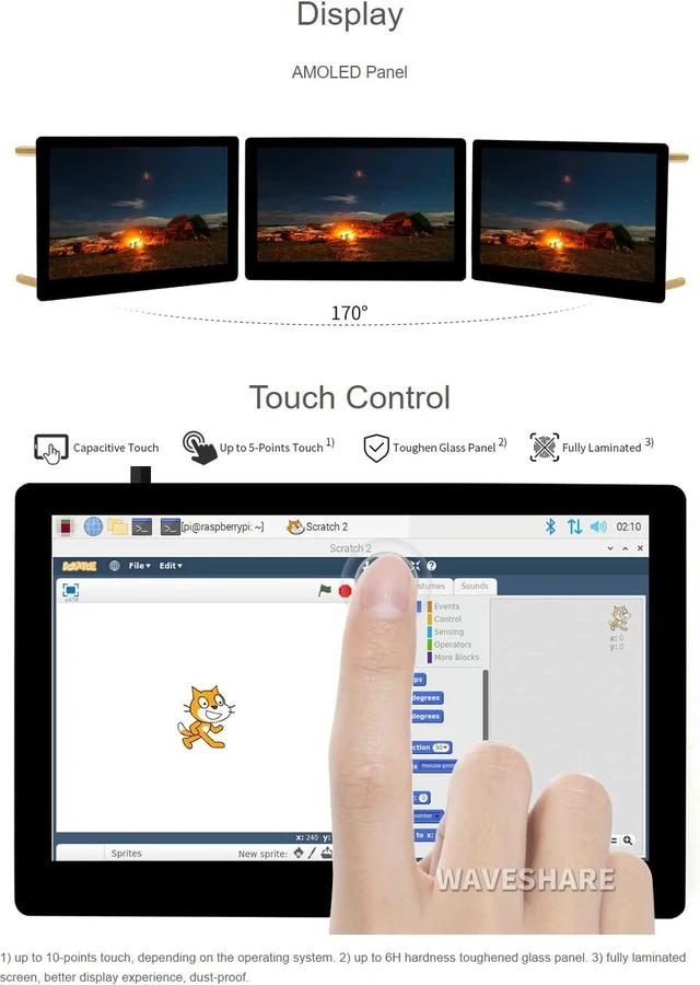 Alt view image 7 of 7 - waveshare 5inch Capacitive Touch AMOLED Display Compatible with Raspberry Pi 5/4B/3B+/3A+/2B/B+/A+/Zero/Zero W/WH/Zero 2W CM3+/4 960×544 Resolution HDMI Optical Bonding Supports Jetson Nano/Windows