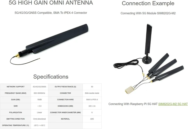 Alt view image 3 of 4 - Waveshare 5G High Gain Omni Antenna Compatible with 5G/4G/3G/GNSS SMA to IPEX-4 Connector Suitable for 5G Communication Modules
