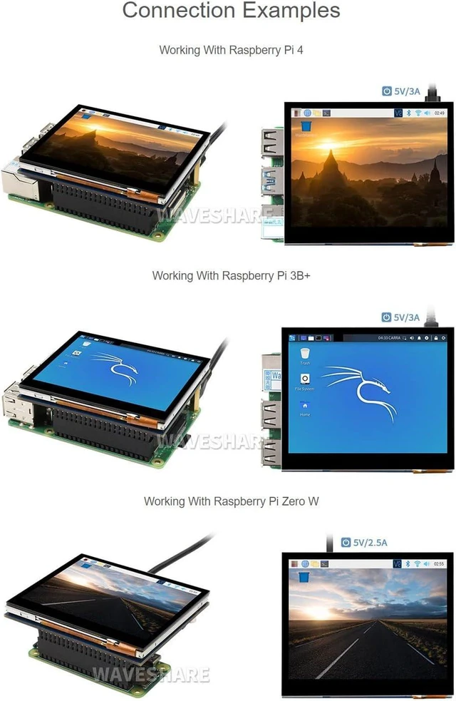 Alt view image 5 of 7 - waveshare 3.5inch Capacitive Touch Screen LCD, Compatible with Raspberry Pi 5/4B/3B/Zero/Zero W/Zero 2W/Pico/Pico W/Pico WH, 640×480, DPI, IPS, Toughened Glass Cover, Low Power Solution