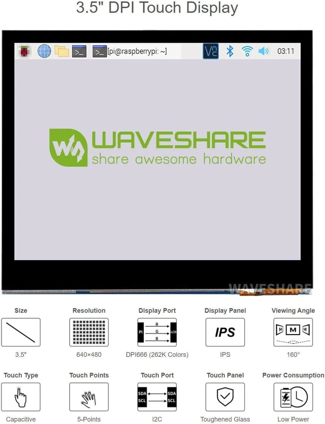 Alt view image 3 of 7 - waveshare 3.5inch Capacitive Touch Screen LCD, Compatible with Raspberry Pi 5/4B/3B/Zero/Zero W/Zero 2W/Pico/Pico W/Pico WH, 640×480, DPI, IPS, Toughened Glass Cover, Low Power Solution