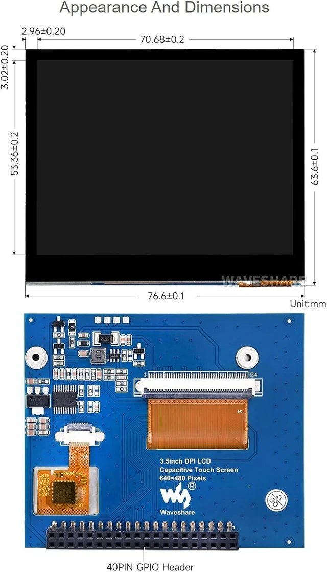 Alt view image 7 of 7 - waveshare 3.5inch Capacitive Touch Screen LCD, Compatible with Raspberry Pi 5/4B/3B/Zero/Zero W/Zero 2W/Pico/Pico W/Pico WH, 640×480, DPI, IPS, Toughened Glass Cover, Low Power Solution