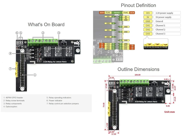 Alt view image 6 of 6 - Waveshare Quality 3-Ch Relay Expansion Board Designed for Jetson Nano with Optocoupler Isolation
