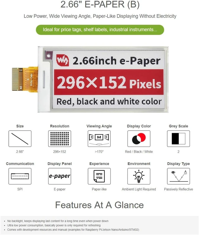 Alt view image 3 of 5 - waveshare 2.66inch E-Paper E-Ink Raw Display Compatible with Raspberry Pi 4B/3B+/3B/2B/B+/A+/Zero/Zero W/WH/Zero 2W Series Boards 296×152 Pixels Red/Black/White Three-Color SPI Interface Without PCB