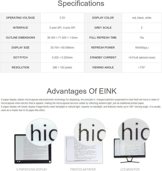 Alt view image 4 of 5 - waveshare 2.66inch E-Paper E-Ink Raw Display Compatible with Raspberry Pi 4B/3B+/3B/2B/B+/A+/Zero/Zero W/WH/Zero 2W Series Boards 296×152 Pixels Red/Black/White Three-Color SPI Interface Without PCB