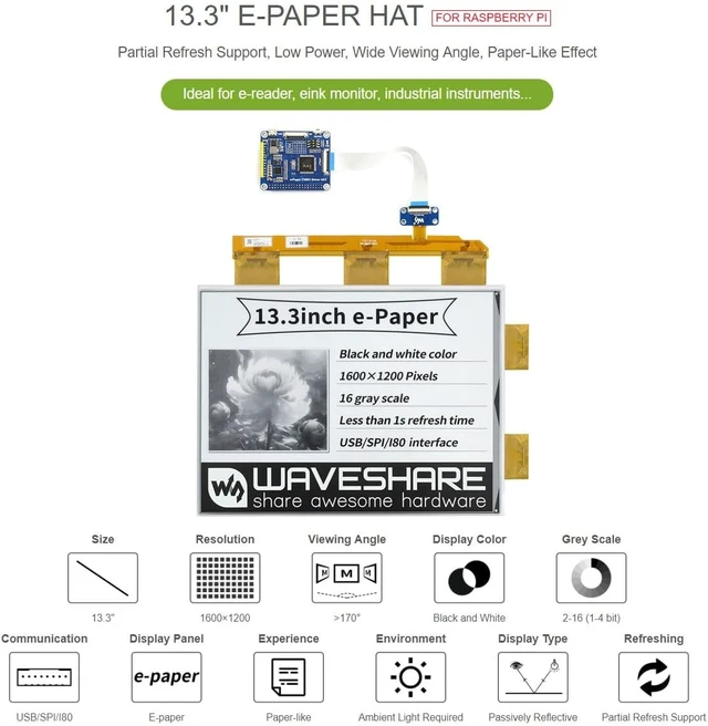 Alt view image 3 of 6 - Waveshare 13.3inch E-Paper E-Ink Display HAT Compatible with Raspberry Pi4B/3B+/3B/2B/B+/A+/Zero/Zero W/WH/Zero 2W 1600×1200 Pixels Black/White 2-16 Grey Scales USB/SPI/I80 Supports Partial Refresh