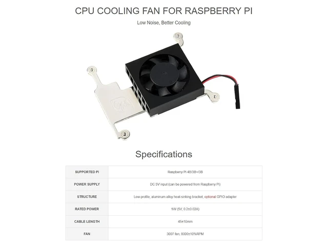 Alt view image 3 of 6 - Waveshare Low-Profile CPU Cooling Fan for Raspberry Pi 4B/3B+/3B with Aluminum Alloy Bracket