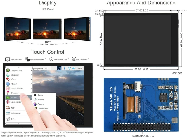 Alt view image 5 of 5 - Waveshare 2.8inch Screen LCD Compatible with Raspberry Pi 4B/3B+/3B/2B/B+/A+/Zero/Zero W/WH/Zero 2W 480×640 Resolution DPI IPS 5-Points Capacitive Touch Control Optical Bonding Toughened Glass Cover