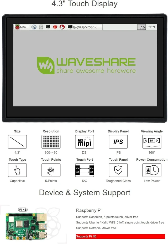 Alt view image 4 of 7 - Waveshare 4.3inch Capacitive Touch Display Compatible with Raspberry Pi 4B Comes with Protection Case 800×480 Resolution IPS Wide Angle MIPI DSI Interface