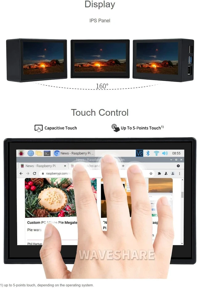 Alt view image 6 of 7 - Waveshare 4.3inch Capacitive Touch Display Compatible with Raspberry Pi 4B Comes with Protection Case 800×480 Resolution IPS Wide Angle MIPI DSI Interface