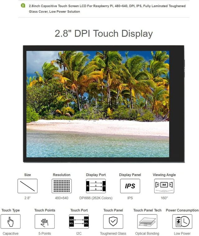 Alt view image 3 of 5 - Waveshare 2.8inch Screen LCD Compatible with Raspberry Pi 4B/3B+/3B/2B/B+/A+/Zero/Zero W/WH/Zero 2W 480×640 Resolution DPI IPS 5-Points Capacitive Touch Control Optical Bonding Toughened Glass Cover