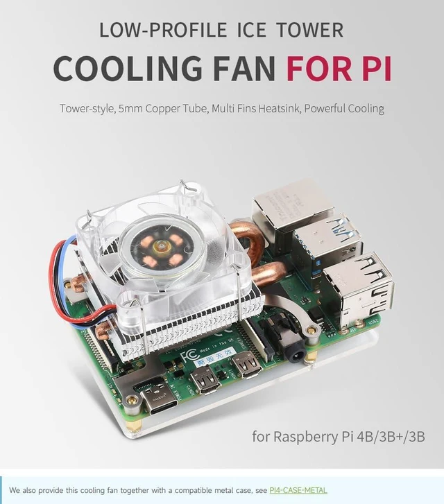 Alt view image 4 of 7 - Waveshare Low-Profile ICE Tower Cooling Fan for Raspberry Pi 4B/3B+/3B 5mm Copper Tube Colorful LED