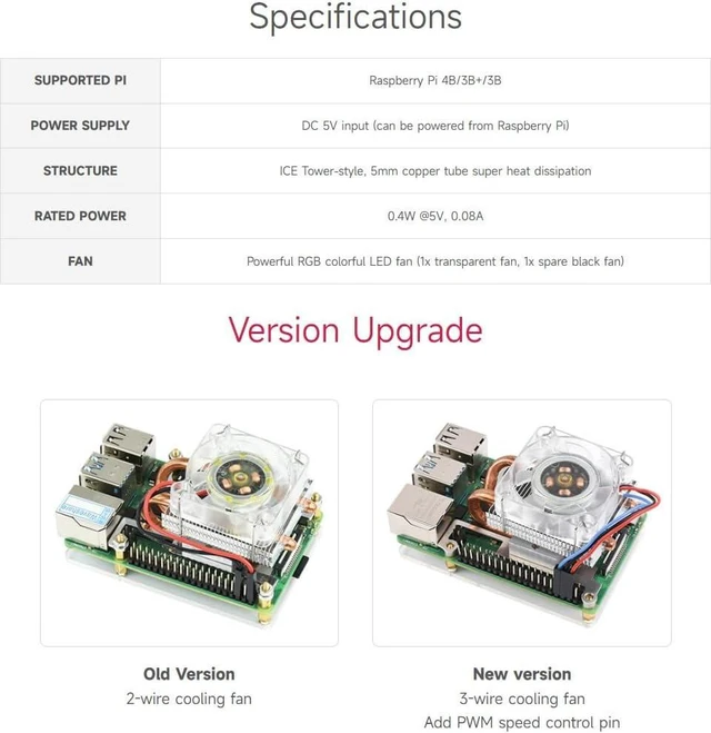 Alt view image 5 of 7 - Waveshare Low-Profile ICE Tower Cooling Fan for Raspberry Pi 4B/3B+/3B 5mm Copper Tube Colorful LED