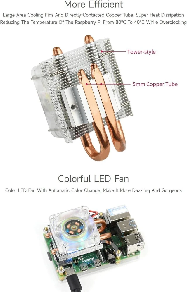 Alt view image 6 of 7 - Waveshare Low-Profile ICE Tower Cooling Fan for Raspberry Pi 4B/3B+/3B 5mm Copper Tube Colorful LED