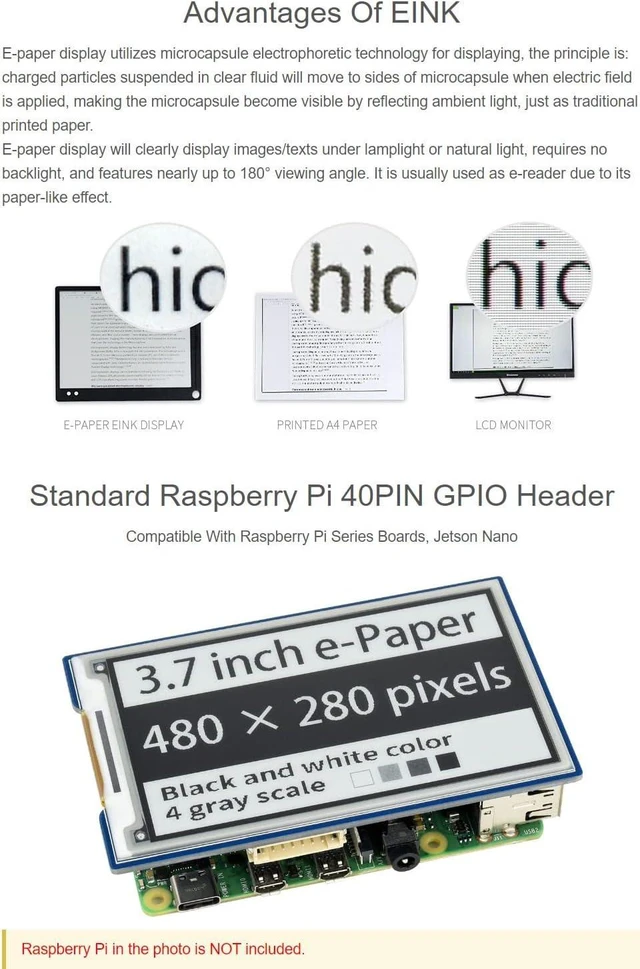 Alt view image 5 of 7 - waveshare 3.7inch E-Paper E-Ink Display HAT Compatible with Raspberry Pi4B/3B+/3B/2B/B+/A+/Zero/Zero W/WH/Zero 2W 480×280 Pixels Black/White 4 Grey Scales SPI Interface Supports Partial Refresh