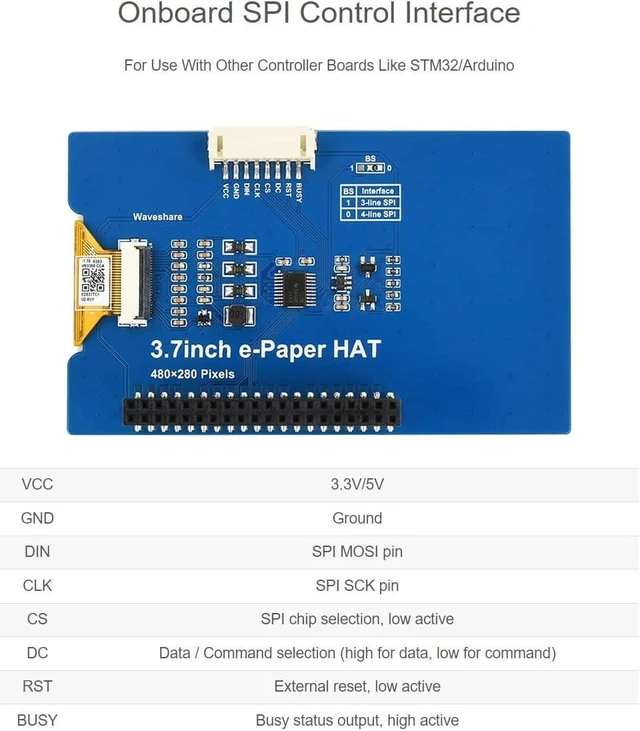 Alt view image 6 of 7 - waveshare 3.7inch E-Paper E-Ink Display HAT Compatible with Raspberry Pi4B/3B+/3B/2B/B+/A+/Zero/Zero W/WH/Zero 2W 480×280 Pixels Black/White 4 Grey Scales SPI Interface Supports Partial Refresh