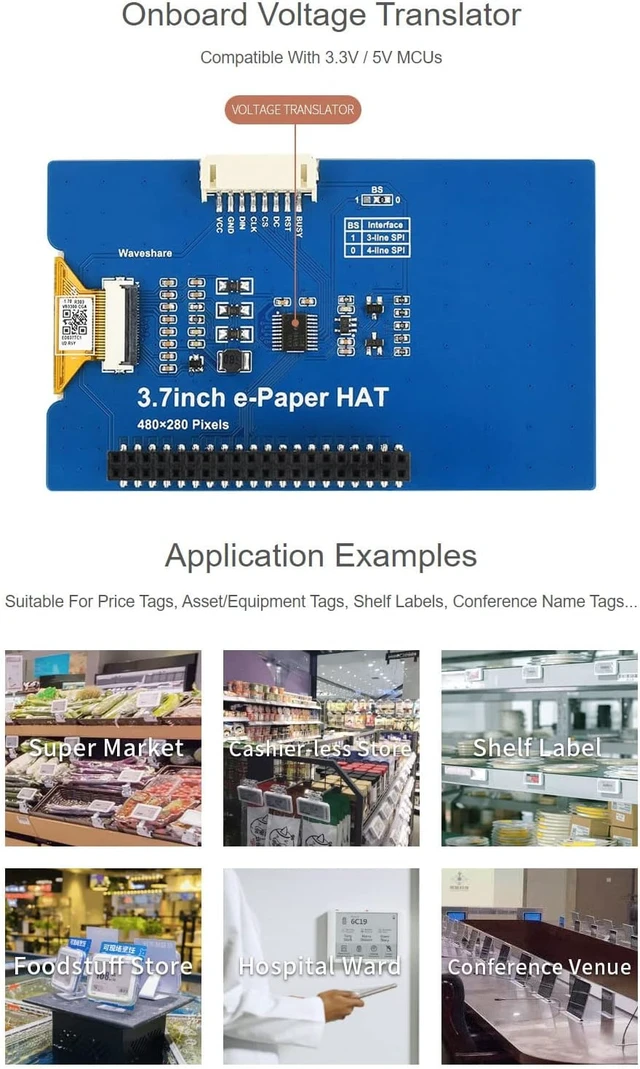 Alt view image 7 of 7 - waveshare 3.7inch E-Paper E-Ink Display HAT Compatible with Raspberry Pi4B/3B+/3B/2B/B+/A+/Zero/Zero W/WH/Zero 2W 480×280 Pixels Black/White 4 Grey Scales SPI Interface Supports Partial Refresh