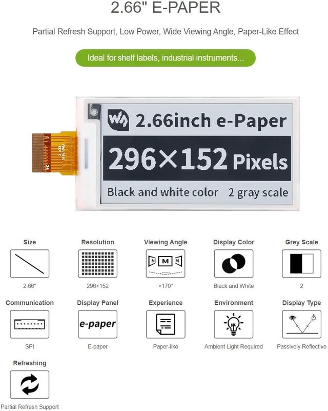 Alt view image 2 of 7 - waveshare 2.66inch E-Paper E-Ink Raw Display Compatible with Raspberry Pi 4B/3B+/3B/2B/B+/A+/Zero/Zero W/WH/Zero 2W Series Boards 296×152 Pixels Dual-Color Support Partial Refresh