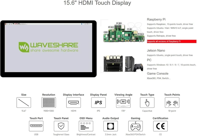 Alt view image 3 of 6 - waveshare 15.6inch Capacitive Touch Screen LCD Compatible with Raspberry Pi 4B/3B+/3A+/2B/B+/A+/Zero/Zero W/WH/Zero 2W CM3+/4 1920×1080 Resolution HDMI IPS Supports Jetson Nano/Windows