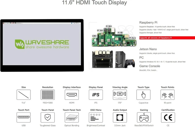 Alt view image 3 of 6 - waveshare 11.6inch Capacitive Touch LCD Screen Compatible with Raspberry Pi4B/3B+/3A+/2B/B+/A+/Zero/Zero W/WH/Zero 2W CM3+/4 1920×1080 Resolution HDMI IPS Supports Jetson Nano/Windows
